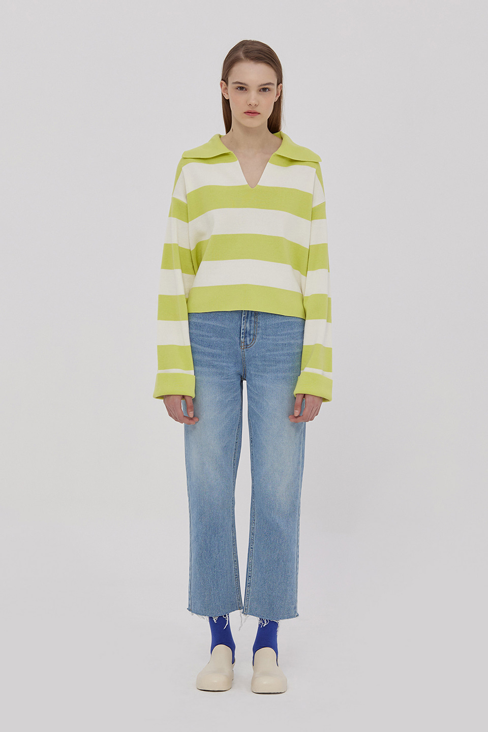 [Outlet] Collar Stripe Cropped Knit_YELLOW GREEN