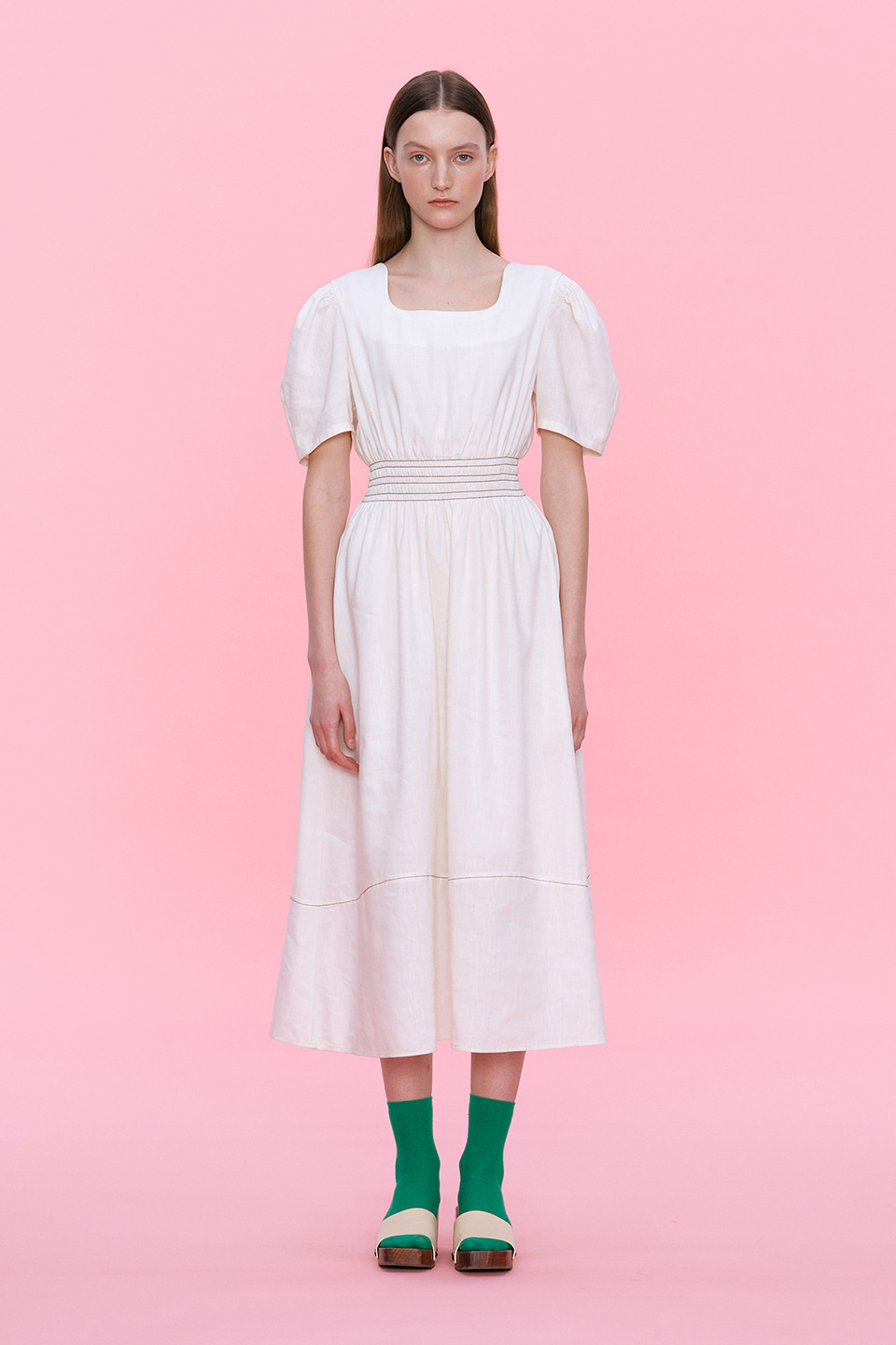 [Outlet] Ivy Smoked Waist Banding Dress_WHITE